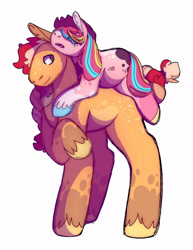 Size: 1280x1654 | Tagged: safe, artist:lockandkeyhyena, applejack, pinkie pie, earth pony, pony, g4, accessory swap, applejack's hat, cowboy hat, female, hat, lesbian, mare, missing cutie mark, piggyback ride, ship:applepie, shipping, simple background, size difference, white background