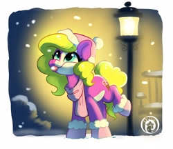 Size: 3593x3103 | Tagged: safe, artist:oofycolorful, oc, oc only, earth pony, pony, high res, lamppost, snow, solo