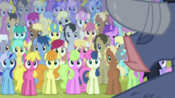 Size: 1920x1080 | Tagged: safe, screencap, amethyst star, berry punch, berryshine, blues, bon bon, caramel, carrot top, cherry berry, cherry cola, cherry fizzy, cloud kicker, coco crusoe, daisy, derpy hooves, dizzy twister, doctor whooves, flower wishes, golden harvest, goldengrape, iron will, lemon hearts, lily, lily valley, lucky clover, meadow song, merry may, minuette, noteworthy, orange swirl, parasol, rainbowshine, roseluck, royal riff, sassaflash, sea swirl, seafoam, sir colton vines iii, sparkler, spring melody, sprinkle medley, sunshower raindrops, sweetie drops, time turner, twinkleshine, earth pony, minotaur, pegasus, pony, unicorn, g4, putting your hoof down, season 2, background pony, eyes closed, female, flower trio, male, nose piercing, nose ring, one of these things is not like the others, open mouth, piercing, septum piercing, stallion