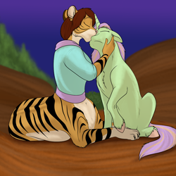 Size: 1000x1000 | Tagged: safe, artist:foxenawolf, oc, oc:chakat tigerbright, oc:violet woods, chakat, original species, pony, unicorn, taur, fanfic:foreign affairs, duo, fanfic art, kissing, night, oc x oc, outdoors, shipping, unshorn fetlocks