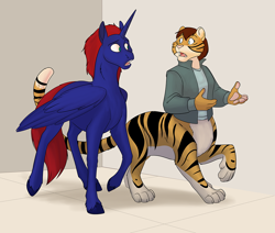 Size: 1000x846 | Tagged: safe, artist:foxenawolf, oc, oc:chakat tigerbright, oc:destined path, alicorn, chakat, original species, pony, taur, fanfic:foreign affairs, alicorn oc, blue fur, duo, fanfic art, horn, red hair, wings