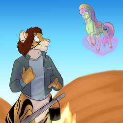 Size: 1000x1000 | Tagged: safe, artist:foxenawolf, oc, oc only, oc:chakat tigerbright, oc:violet woods, chakat, original species, pony, unicorn, taur, fanfic:foreign affairs, cowboy hat, cutie mark, fanfic art, fire, hat, magic