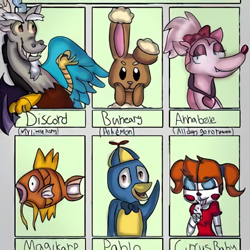 Size: 450x450 | Tagged: artist needed, source needed, safe, discord, angel, bird, buneary, dog, draconequus, magikarp, penguin, robot, anthro, g4, all dogs go to heaven, animatronic, annabelle (all dogs go to heaven), archangel, bedroom eyes, bowtie, bust, cheek squish, circus baby, clown, crossover, dog angel, don bluth, eyes closed, female, five nights at freddy's, five nights at freddy's: sister location, hat, jewelry, male, necklace, pokémon, propeller hat, six fanarts, smiling, squishy cheeks, the backyardigans, waving, whippet, whippet angel