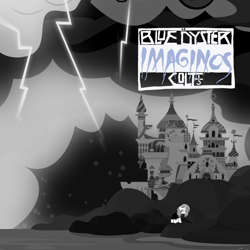 Size: 2000x2000 | Tagged: safe, artist:goldenheart4, artist:grapefruitface1, potion nova, pony, g4, album cover, blue oyster cult, castle, cloud, g4 to g4.5, gothic, grayscale, high res, lightning, monochrome, night, ponified, rock (music), seaside, show accurate, storm
