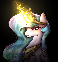 Size: 930x1000 | Tagged: safe, artist:mazeness, princess celestia, alicorn, pony, g4, angry, black background, bust, crown, dark, female, frown, glare, glowing, glowing horn, horn, jewelry, mare, regalia, simple background, sitting