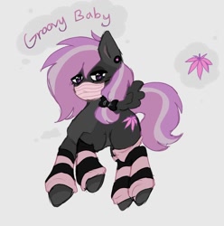 Size: 1188x1199 | Tagged: safe, artist:rottnpet, oc, oc only, pegasus, pony, bow, clothes, ear piercing, face mask, female, glowing horn, gray background, hair bow, horn, magic, mare, mask, pegasus oc, piercing, simple background, socks, solo, striped socks, telekinesis, wings