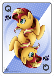 Size: 2143x3000 | Tagged: safe, artist:fadlihalimns, sunset shimmer, pony, unicorn, g4, card, chest fluff, ear fluff, high res, poker, profile, smiling, solo