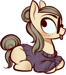 Size: 973x1107 | Tagged: safe, artist:kummitui, oc, oc only, earth pony, pony, :p, clothes, earth pony oc, glasses, hair bun, lying down, prone, simple background, solo, sweater, tongue out, transparent background