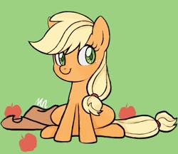 Size: 1745x1510 | Tagged: safe, artist:mn27, applejack, earth pony, pony, apple, colored pupils, cute, female, food, green background, hatless, jackabetes, mare, missing accessory, simple background, sitting, solo
