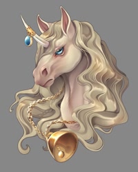 Size: 1080x1350 | Tagged: safe, artist:kummitui, oc, oc only, pony, unicorn, bell, bust, gray background, hoers, horn, horn ring, jewelry, necklace, ring, simple background, solo, unicorn oc