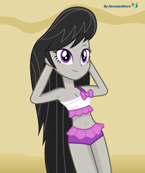 Size: 3000x3574 | Tagged: safe, artist:keronianniroro, octavia melody, equestria girls, g4, adorasexy, armpits, beach, belly button, bikini, blushing, breasts, cleavage, clothes, cute, female, high res, looking at you, lying down, midriff, sexy, solo, swimsuit