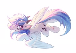 Size: 2048x1431 | Tagged: safe, artist:swaybat, oc, oc only, pegasus, pony, commission, ear piercing, earring, fluffy, horns, jewelry, looking at you, partial heterochromia, piercing, simple background, solo, spread wings, white background, wings