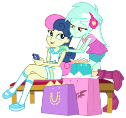 Size: 3600x3388 | Tagged: safe, artist:sketchmcreations, bon bon, lyra heartstrings, sweetie drops, human, dashing through the mall, equestria girls, equestria girls specials, g4, my little pony equestria girls: better together, my little pony equestria girls: holidays unwrapped, bench, crossed legs, duo, female, hand on shoulder, high res, lesbian, looking at each other, open mouth, phone, raised leg, ship:lyrabon, shipping, shopping, shopping bag, simple background, sitting, smiling, transparent background, vector