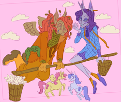 Size: 1119x940 | Tagged: safe, artist:mazatland, fluttershy, rarity, pegasus, pony, rabbit, unicorn, anthro, g4, animal, anthro ponidox, anthro with ponies, boots, broom, clothes, cloud, female, flying, flying broomstick, gloves, grin, lesbian, pants, ship:flarity, shipping, shoes, smiling, suit