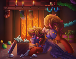 Size: 3500x2700 | Tagged: safe, artist:fkk, oc, oc only, oc:sketch, pegasus, pony, christmas, christmas ornament, christmas stocking, clothes, decoration, ear piercing, face down ass up, feathered wings, fire, fireplace, high res, holiday, male, piercing, present, raffle winner, socks, solo, spread wings, stallion, wings