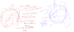 Size: 1324x579 | Tagged: safe, princess luna, oc, oc:sardonic ardor, alicorn, pony, unicorn, g4, alternate hairstyle, canon x oc, conversation, dialogue, duo, handwritten text, missing accessory, sketch