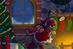 Size: 7200x4800 | Tagged: safe, artist:pony quarantine, oc, oc:dyx, oc:filly anon, oc:porona, bat pony, bat pony oc, christmas, christmas stocking, christmas tree, clothes, costume, female, filly, fireplace, hat, holiday, present, santa costume, santa hat, toilet paper, tree