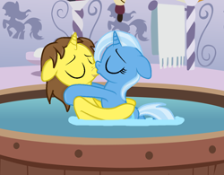 Size: 1120x872 | Tagged: safe, artist:3d4d, trixie, oc, oc:grapefruit face, pony, unicorn, g4, canon x oc, duo, female, grapexie, kissing, male, shipping, straight, water