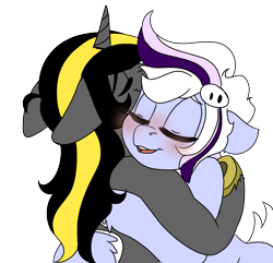Size: 2243x2160 | Tagged: safe, artist:brainiac, part of a set, oc, oc:knick knack, oc:whiskey lullaby, cat, cat pony, original species, cute, female, high res, hug, kniskey, mare, simple background, transparent background