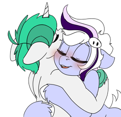 Size: 2243x2160 | Tagged: safe, artist:brainiac, part of a set, oc, oc:fluoride sting, oc:whiskey lullaby, cat, cat pony, original species, cute, female, high res, hug, mare, simple background, transparent background