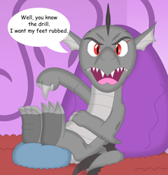 Size: 3408x3554 | Tagged: safe, artist:porygon2z, oc, oc only, oc:draco axel, dragon, feet, high res, looking at you, speech bubble