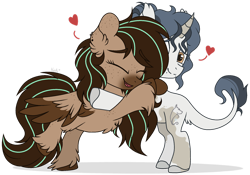Size: 1280x897 | Tagged: safe, artist:mintoria, oc, oc only, oc:kishu, oc:mint, pegasus, pony, unicorn, female, mare, simple background, transparent background, two toned wings, wings