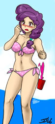 Size: 415x928 | Tagged: safe, artist:ixalon, artist:johnjoseco, sugar belle, human, anime, beach, belly button, bikini, blushing, breasts, clothes, dropping, female, front knot midriff, fruit punch, human coloration, humanized, midriff, open mouth, sad, solo, swimsuit