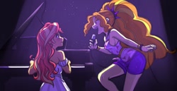 Size: 1280x659 | Tagged: safe, artist:nairdags, artist:rileyav, adagio dazzle, sunset shimmer, equestria girls, blushing, breasts, collaboration, colored, duo, female, lesbian, microphone, musical instrument, piano, shipping, sideboob, singing, spotlight, sunsagio
