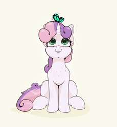 Size: 2200x2400 | Tagged: safe, artist:aquaticvibes, sweetie belle, butterfly, pony, unicorn, g4, butterfly on horn, cute, diasweetes, female, filly, high res, horn, looking up, simple background, sitting, smiling, solo, yellow background
