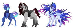 Size: 1809x697 | Tagged: safe, artist:bunnari, oc, earth pony, pegasus, pony, unicorn, magical gay spawn, magical lesbian spawn, offspring, parent:king sombra, parent:princess luna, parent:queen novo, parent:rainbow dash, parent:tempest shadow, parent:trouble shoes