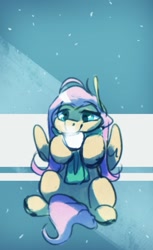 Size: 747x1224 | Tagged: safe, artist:anticular, fluttershy, pegasus, pony, g4, clothes, cup, cute, female, hoof hold, mare, scarf, shyabetes, sitting, snow, solo