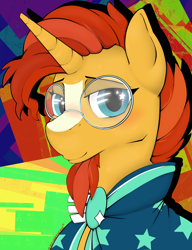 Size: 2544x3319 | Tagged: safe, artist:bloody--mascarade, sunburst, pony, unicorn, g4, abstract background, bust, cloak, clothes, cute, facial hair, glasses, high res, male, portrait, solo, stallion