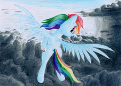 Size: 1280x906 | Tagged: safe, artist:myzanil, rainbow dash, pegasus, pony, g4, cloud, cloudscape, colored pencil drawing, flying, looking back, rear view, sky, smiling, solo, traditional art