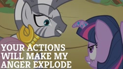 Size: 1920x1080 | Tagged: safe, edit, edited screencap, editor:quoterific, screencap, fluttershy, twilight sparkle, zecora, pegasus, pony, unicorn, zebra, bridle gossip, g4, my little pony: friendship is magic, season 1, angry, poison joke, twilight flopple, unicorn twilight