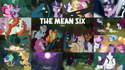 Size: 1968x1110 | Tagged: safe, edit, edited screencap, editor:quoterific, screencap, applejack, crackle cosette, fluttershy, mean applejack, mean fluttershy, mean pinkie pie, mean rainbow dash, mean rarity, mean twilight sparkle, pinkie pie, queen chrysalis, rainbow dash, rarity, spike, starlight glimmer, twilight sparkle, alicorn, changeling, changeling queen, earth pony, pegasus, pony, unicorn, g4, the mean 6, angry, clone, disguise, disguised changeling, female, laughing, mane seven, mane six, mean six, open mouth, rainbow power, scared, twilight sparkle (alicorn)