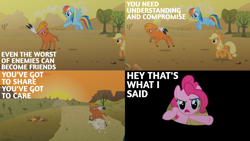 Size: 2000x1125 | Tagged: safe, edit, edited screencap, editor:quoterific, screencap, applejack, little strongheart, pinkie pie, rainbow dash, earth pony, pegasus, pony, g4, over a barrel, season 1, angry, applejack's hat, breaking the fourth wall, cowboy hat, hat, implied twilight sparkle, open mouth