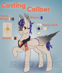 Size: 2201x2566 | Tagged: safe, artist:shade stride, oc, oc only, oc:casting caliber, original species, seraph, clothes, full body, high res, male, multiple wings, reference sheet, scarf, simple background, smiling, solo, stallion