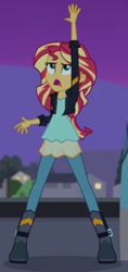 Size: 280x593 | Tagged: safe, screencap, sunset shimmer, equestria girls, g4, my past is not today, armpits, arms in the air, boots, clothes, cropped, denim, dress, hands in the air, jacket, jeans, leather, leather jacket, looking up, pants, shoes, solo, transparent skirt