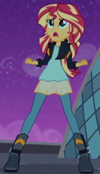 Size: 386x669 | Tagged: safe, screencap, sunset shimmer, equestria girls, g4, my past is not today, boots, clothes, cropped, denim, dress, jacket, jeans, leather, leather jacket, pants, rebecca shoichet, shoes, solo, transparent skirt