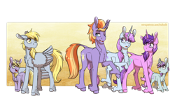 Size: 2600x1600 | Tagged: safe, artist:inuhoshi-to-darkpen, amethyst star, blue belle, crystal lake, derpy hooves, dinky hooves, liza doolots, petunia, sparkler, tootsie flute, pegasus, pony, unicorn, g4, chest fluff, ear fluff, family, female, half-siblings, half-sisters, implied adultery, implied infidelity, male, mare, married couple, raised hoof, stallion, story included, unshorn fetlocks
