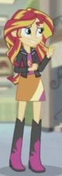 Size: 300x857 | Tagged: safe, screencap, sunset shimmer, equestria girls, g4, my past is not today, <:), boots, clothes, cropped, cute, cutie mark on clothes, grin, high heel boots, jacket, leather, leather jacket, nervous chuckle, shirt, shoes, skirt, smiling, solo, teeth, waving
