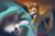 Size: 7000x4583 | Tagged: safe, artist:auroriia, daybreaker, princess celestia, alicorn, pony, a royal problem, g4, absurd resolution, armor, duo, female, flying, force field, mare, swapped cutie marks