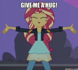 Size: 600x535 | Tagged: safe, edit, edited screencap, screencap, sunset shimmer, equestria girls, g4, my past is not today, caption, hug request, image macro, solo, text