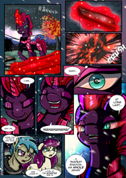 Size: 2480x3508 | Tagged: safe, artist:dsana, fizzlepop berrytwist, tempest shadow, oc, oc:fireweed, oc:thistledown, earth pony, pony, unicorn, comic:a storm's lullaby, g4, armor, brother and sister, comic, corrupted, crystal armor, dark magic, evil laugh, female, glowing eyes, high res, horn, laughing, mad with power, magic, male, scar, siblings, tempest gets her horn back, this will end in tears