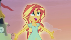 Size: 1920x1080 | Tagged: safe, screencap, sunset shimmer, equestria girls, g4, my past is not today, amber skin, arms spread out, clothes, cyan eyes, dress, glowing body, looking up, open mouth, open smile, red hair, sing from the heart, smiling, solo, yellow streaks