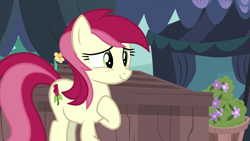Size: 3000x1687 | Tagged: safe, screencap, roseluck, earth pony, pony, g4, it isn't the mane thing about you, cute, female, mare, raised hoof, rosabetes, smiling, solo