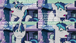 Size: 1986x1117 | Tagged: safe, edit, edited screencap, screencap, shining armor, pony, unicorn, g4, the crystalling, cracked armor, crazy face, derp, faic, male, open mouth, solo, stallion, tired eyes