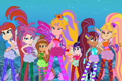 Size: 1940x1287 | Tagged: safe, artist:chlaneyt, artist:user15432, fairy, human, equestria girls, g4, aisha, alternate hairstyle, bare shoulders, barely eqg related, base used, bloom (winx club), clothes, colored wings, crossed arms, crossover, crown, ear piercing, earring, equestria girls style, equestria girls-ified, fairies, fairies are magic, fairy wings, fairyized, fins, flora (winx club), flower, flower in hair, gradient wings, hand on hip, jewelry, layla, long hair, musa, nintendo, ocean, piercing, ponytail, princess peach, rainbow s.r.l, regalia, sirenix, sparkly wings, stella (winx club), strapless, super mario bros., tecna, underwater, wings, winx, winx club, winxified
