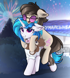 Size: 3250x3600 | Tagged: safe, artist:lakunae, dj pon-3, octavia melody, vinyl scratch, earth pony, pony, unicorn, g4, accessory swap, blushing, clothes, cute, duo, duo female, ear fluff, eyes closed, female, high res, hooves, lesbian, mare, octavia riding dj pon 3, ponies riding ponies, riding, ship:scratchtavia, shipping