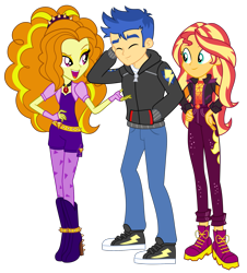 Size: 1861x2062 | Tagged: safe, artist:alandssparkle, artist:lyricgemva, artist:shootingstarsentry, edit, adagio dazzle, flash sentry, sunset shimmer, do it for the ponygram!, equestria girls, equestria girls series, festival filters, g4, my little pony equestria girls: rainbow rocks, spoiler:eqg series (season 2), arm behind head, boots, clothes, converse, cute, diasentres, female, flashagio, geode of empathy, headband, high heel boots, jacket, magical geodes, male, music festival outfit, open mouth, pants, ship:flashimmer, shipping, shoes, simple background, spikes, straight, transparent background, trio, vector